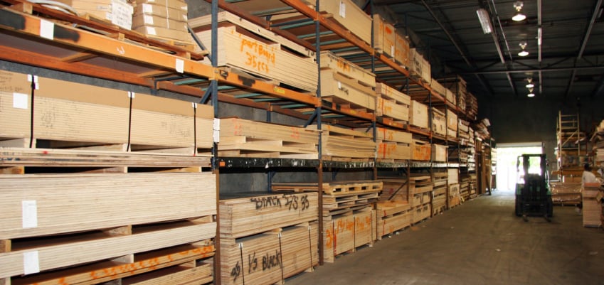 Timber stored in a warehouse