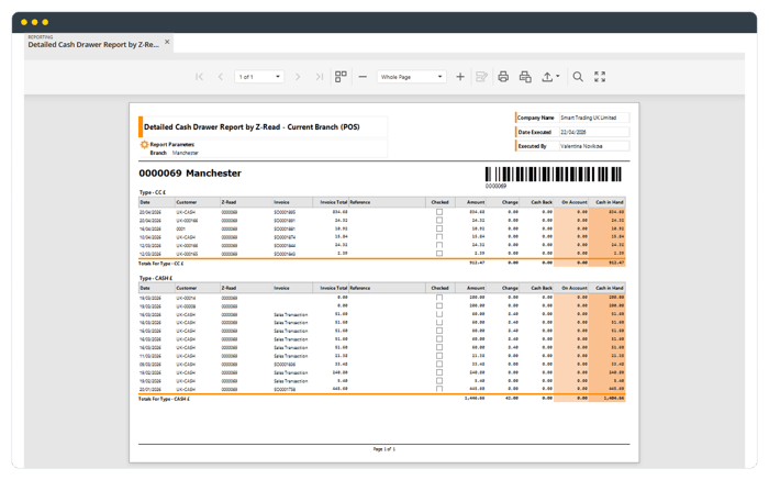 Detailed Cash Drawer Report by Z-Read in GenetiQ, showing grouped transaction and payment information for branch reconciliation.